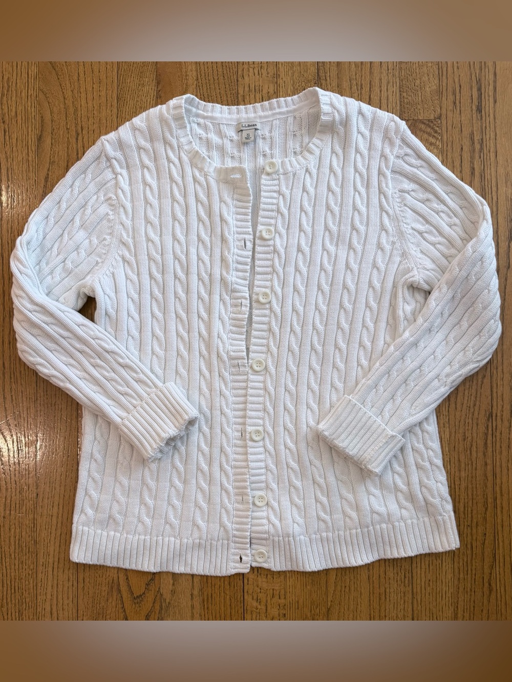 L.L.Bean White 100% Cotton Cable Knit Cardigan Sweater XL Classic Cottagecore